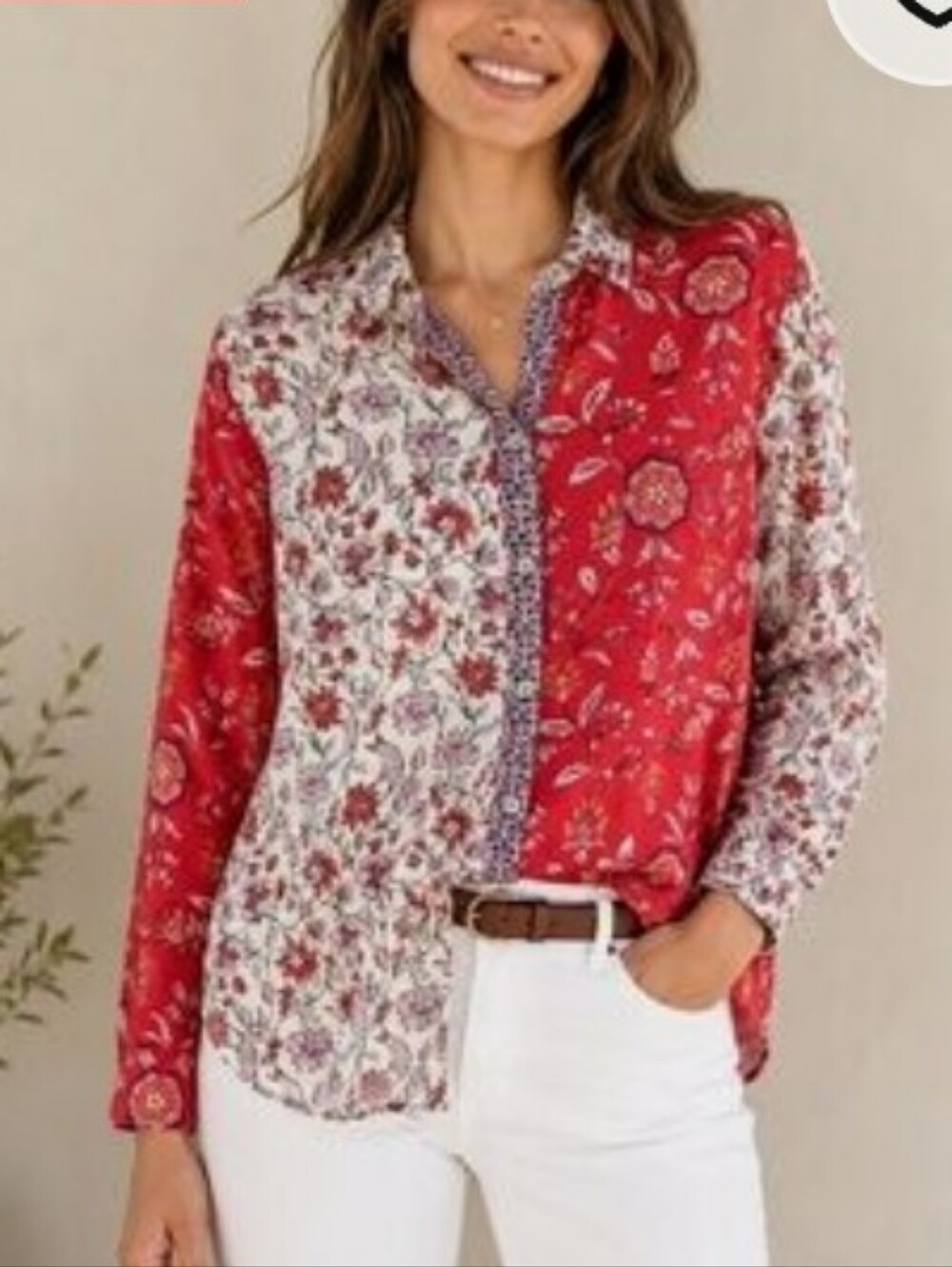 J. Jill Red and Cream Floral Patchwork Button-Down Shirt